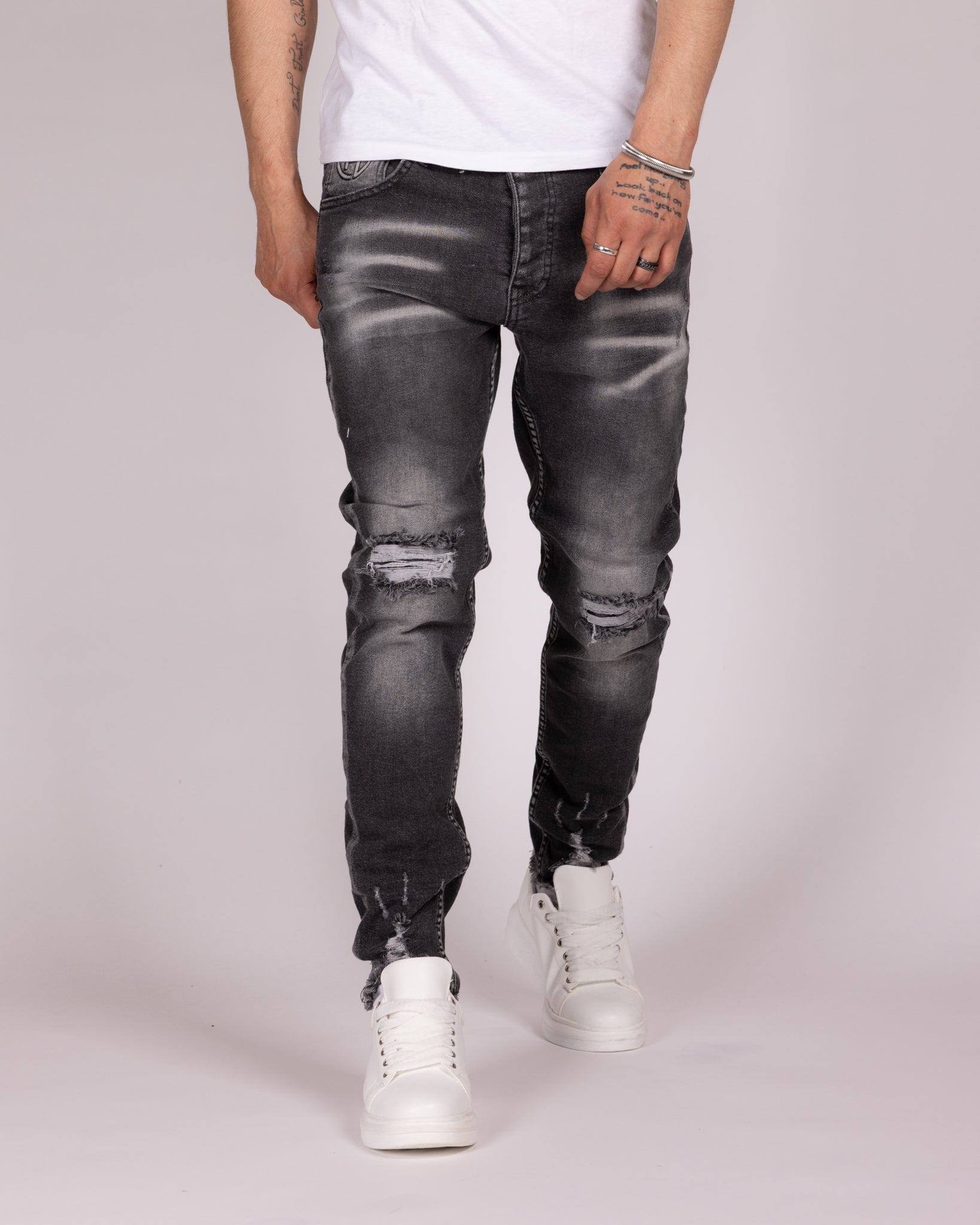 Skinny Fit Grey Wash Ripped Jeans with Heavy Distressing