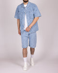Wavy Stitch Detailing Denim Shirt and Shorts Set