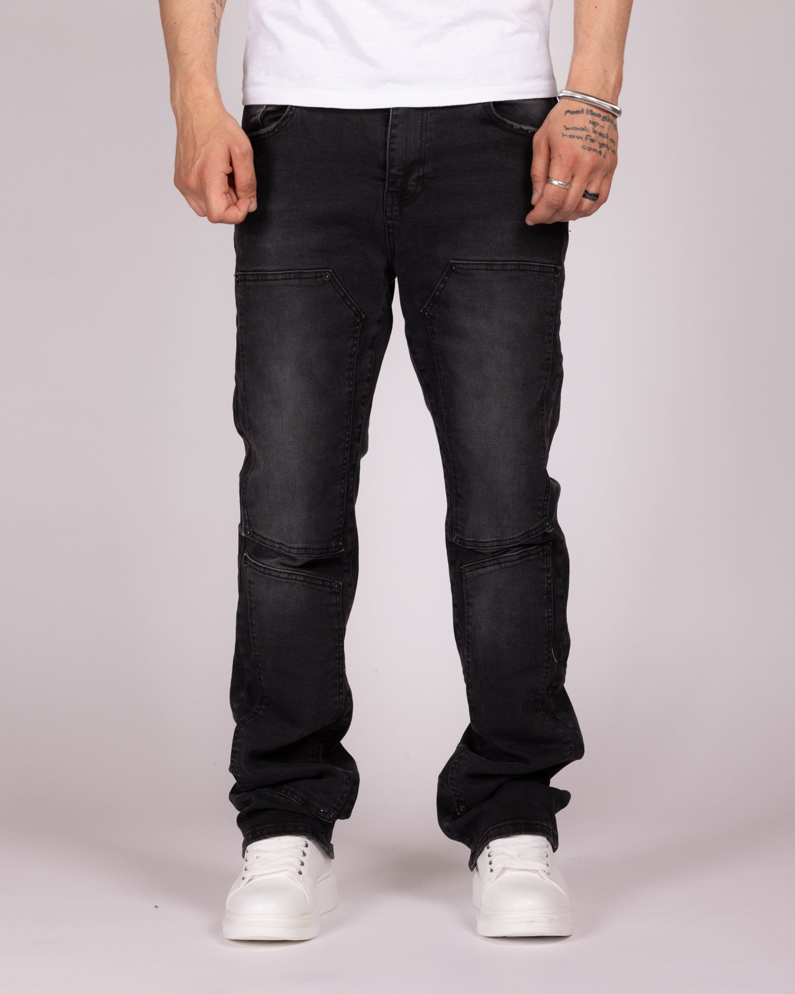 Slim Fit Washed Black Panelled Jeans with Knee Seam Detail