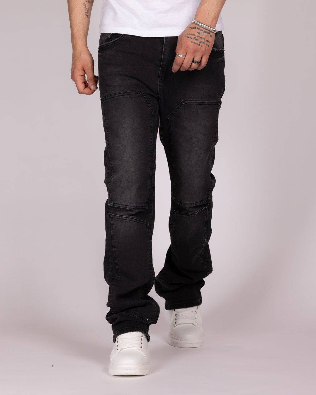 Slim Fit Washed Black Panelled Jeans with Knee Seam Detail