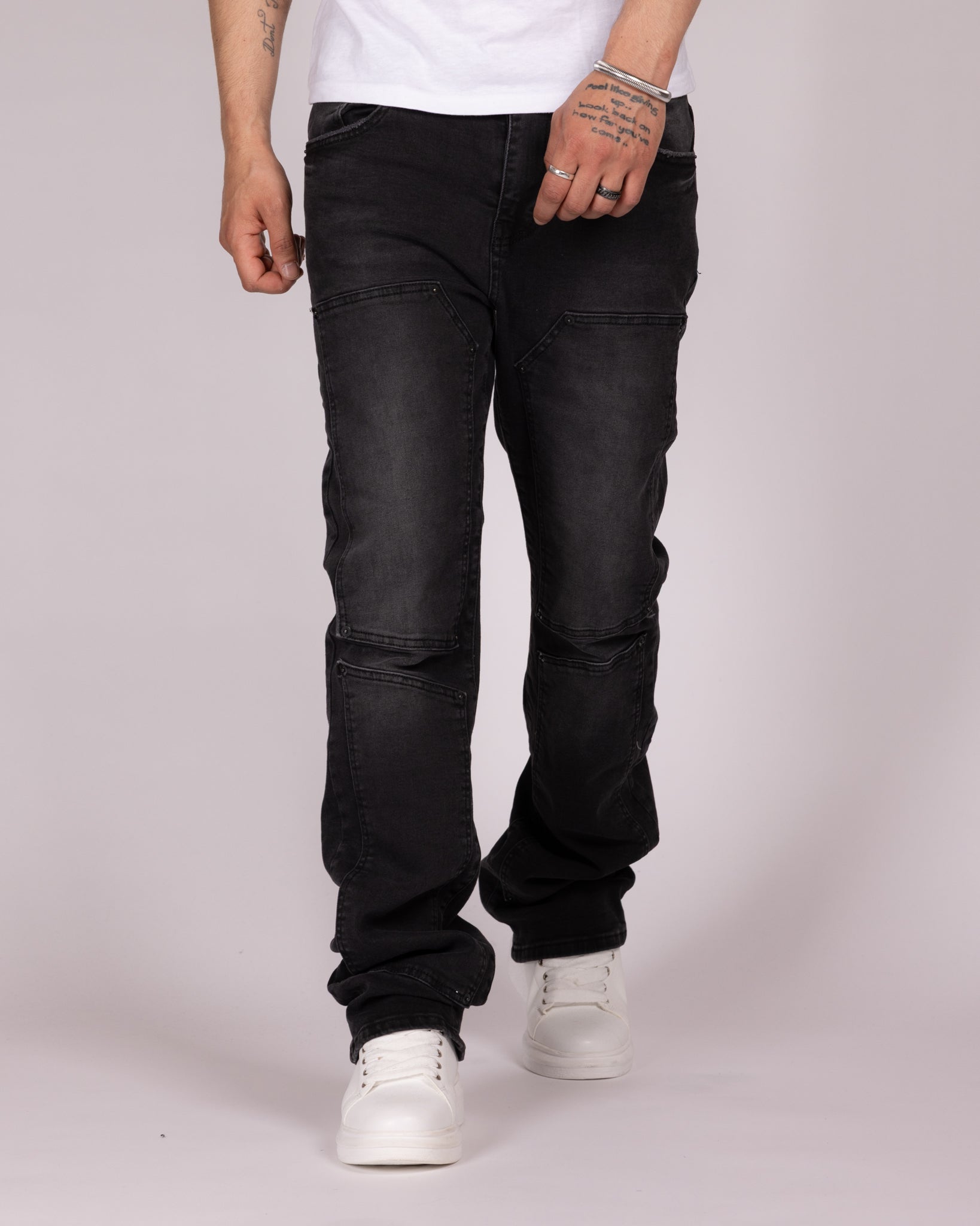 Slim Fit Washed Black Panelled Jeans with Knee Seam Detail