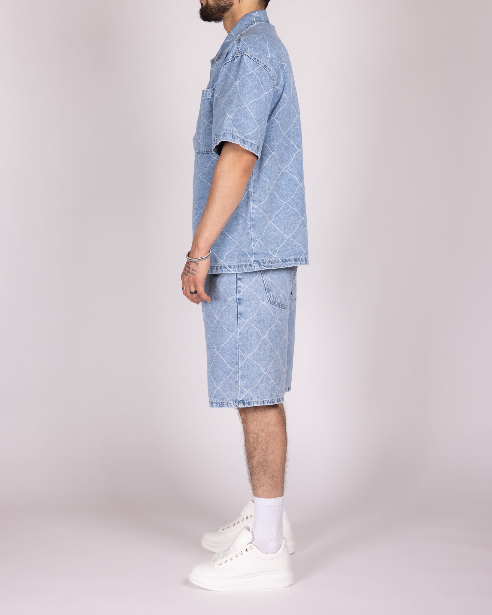 Wavy Stitch Detailing Denim Shirt and Shorts Set