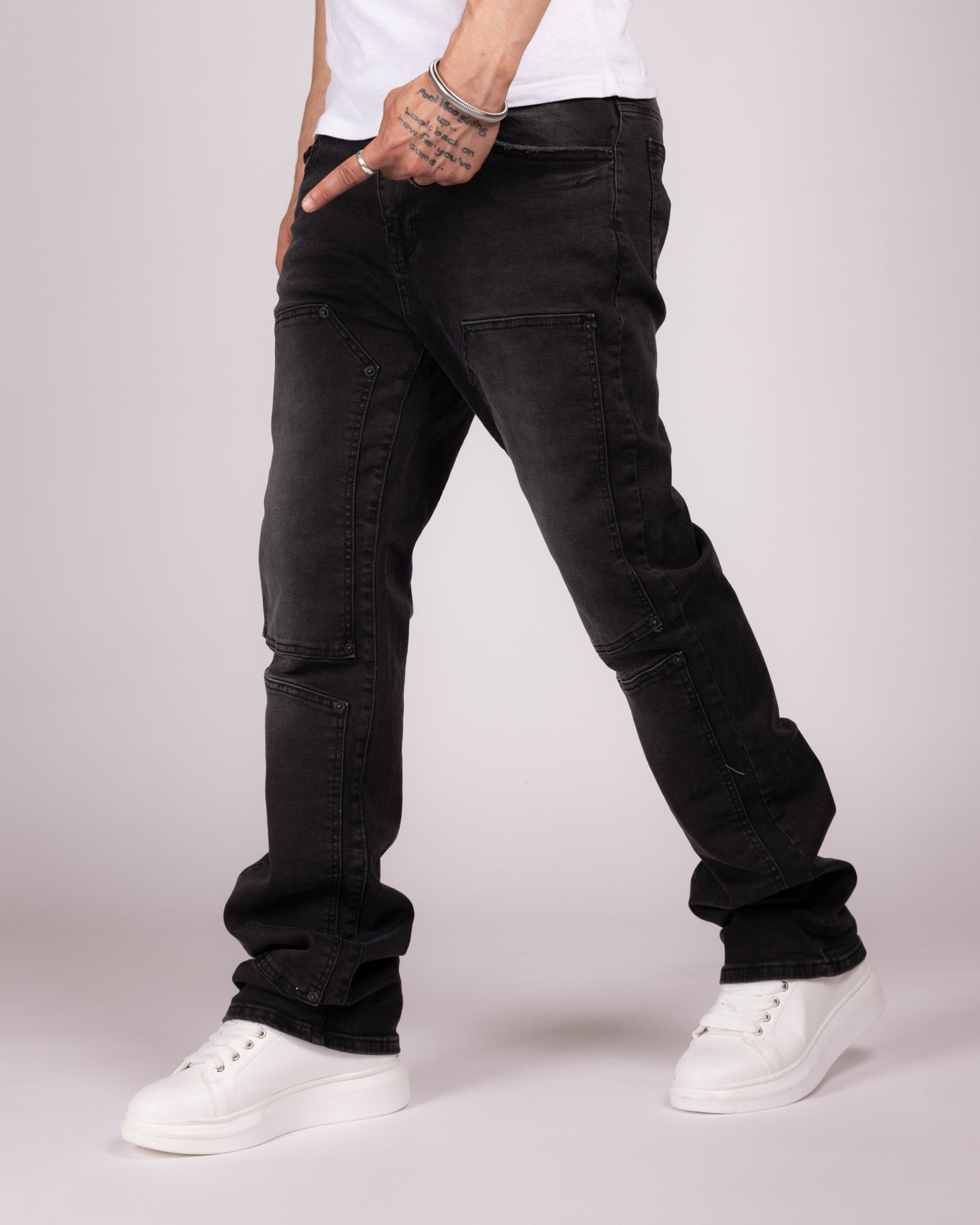 Men's Slim Fit Washed Black Panelled Jeans with Knee Seam Detail