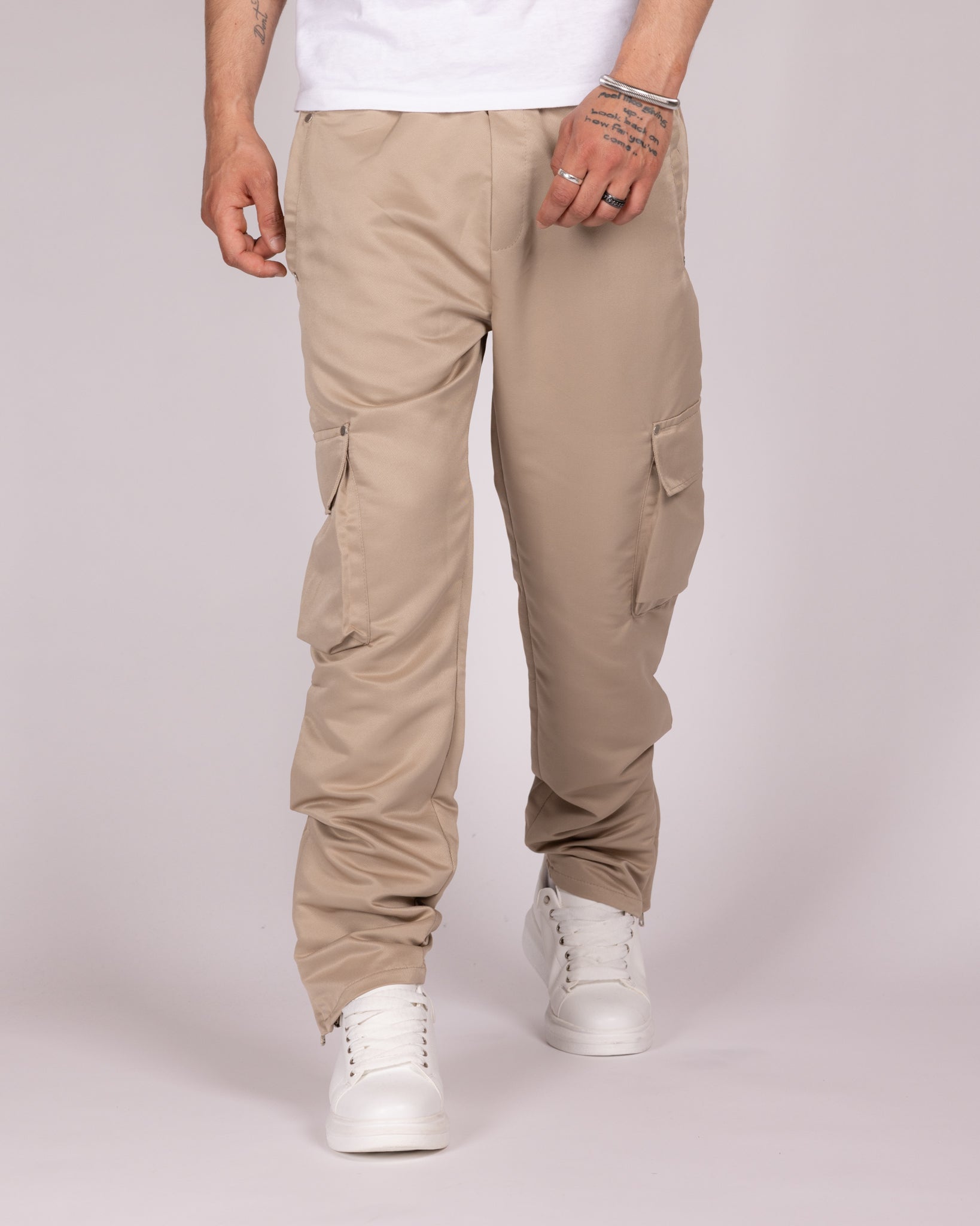 Relaxed Fit Beige Drawstring Cargo Pants