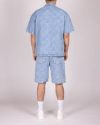 Wavy Stitch Detailing Denim Shirt and Shorts Set
