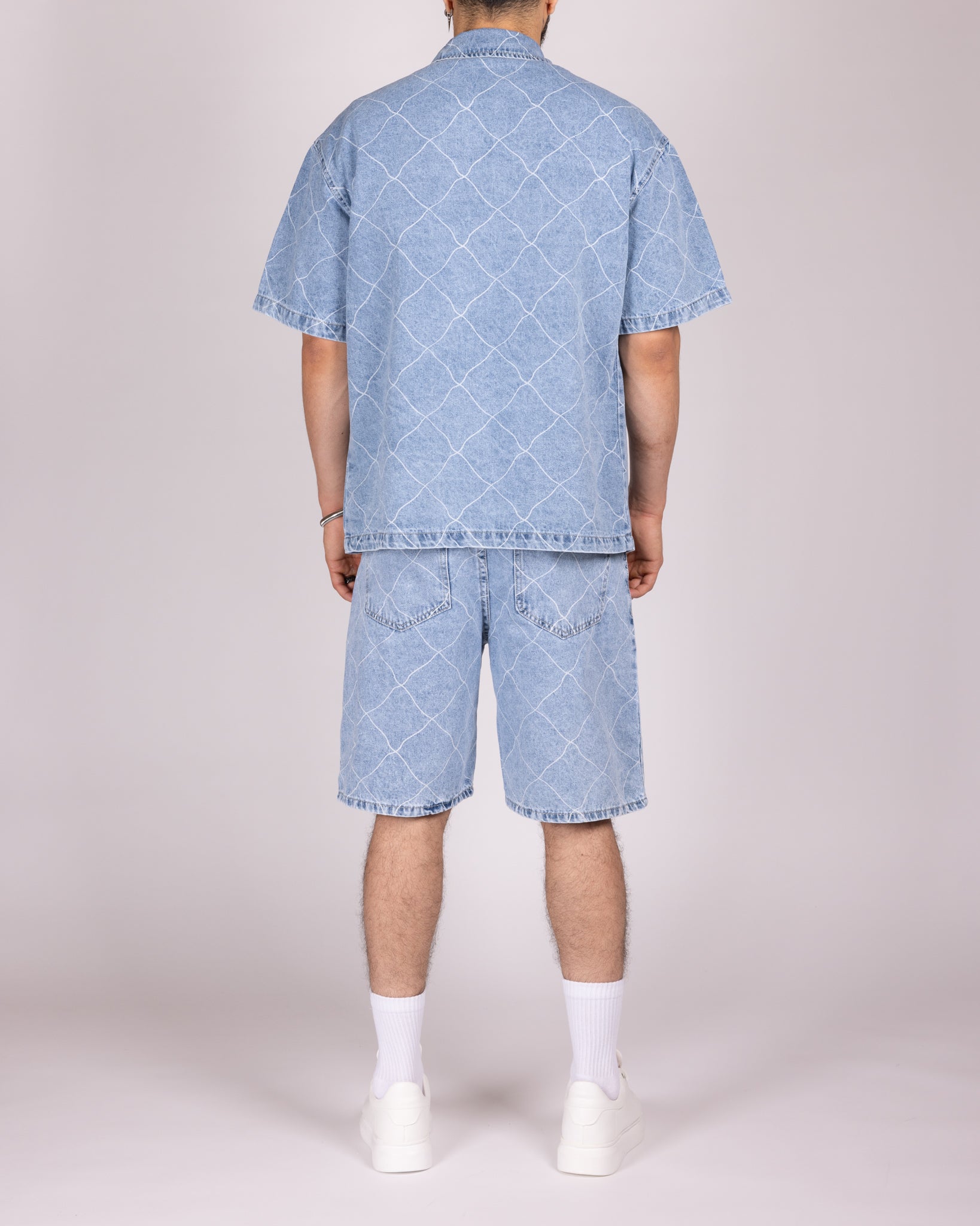 Wavy Stitch Detailing Denim Shirt and Shorts Set