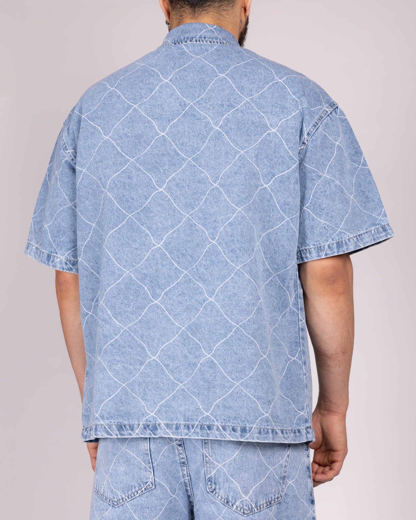 Wavy Stitch Detailing Denim Shirt and Shorts Set