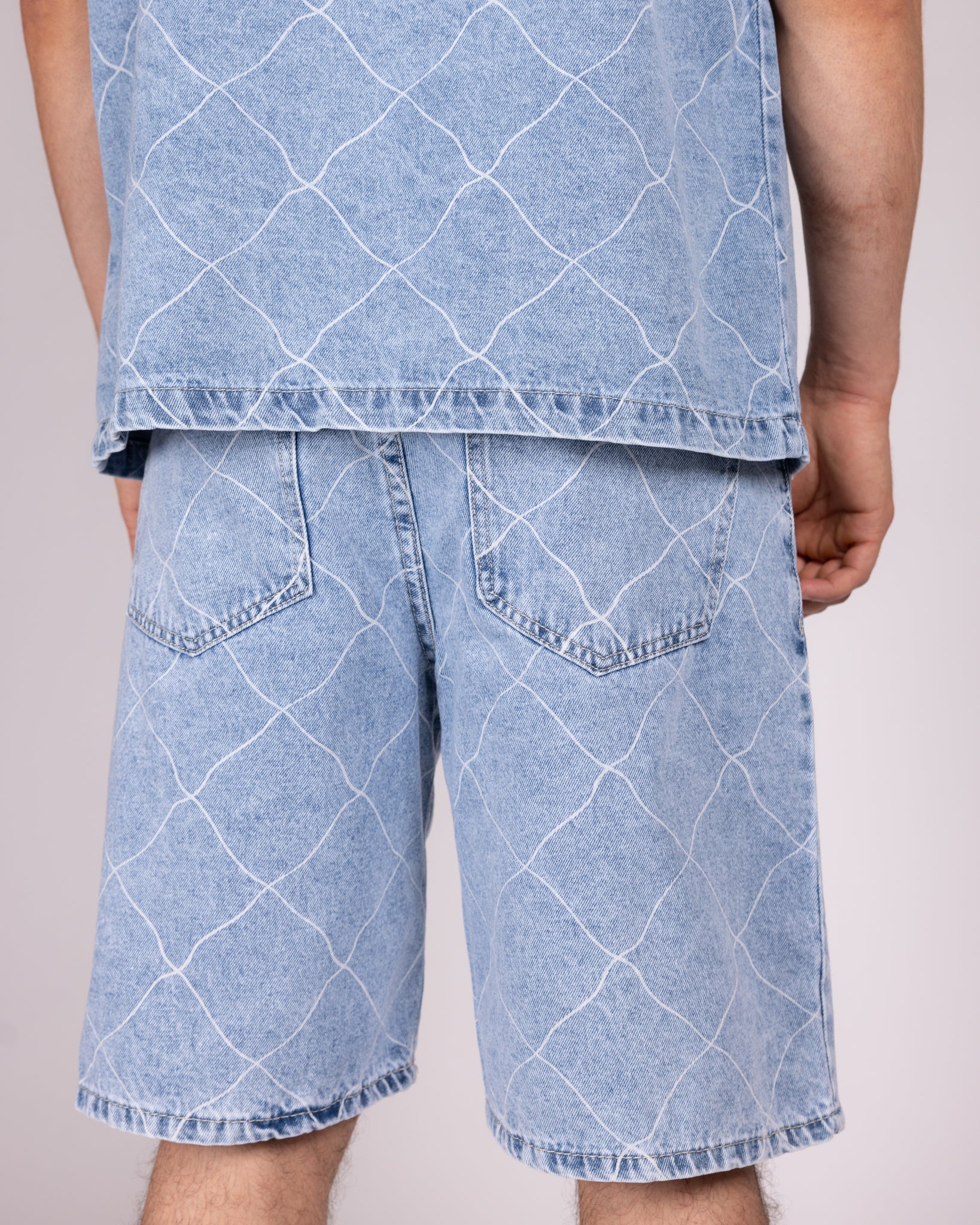 Wavy Stitch Detailing Denim Shirt and Shorts Set