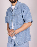 Wavy Stitch Detailing Denim Shirt and Shorts Set