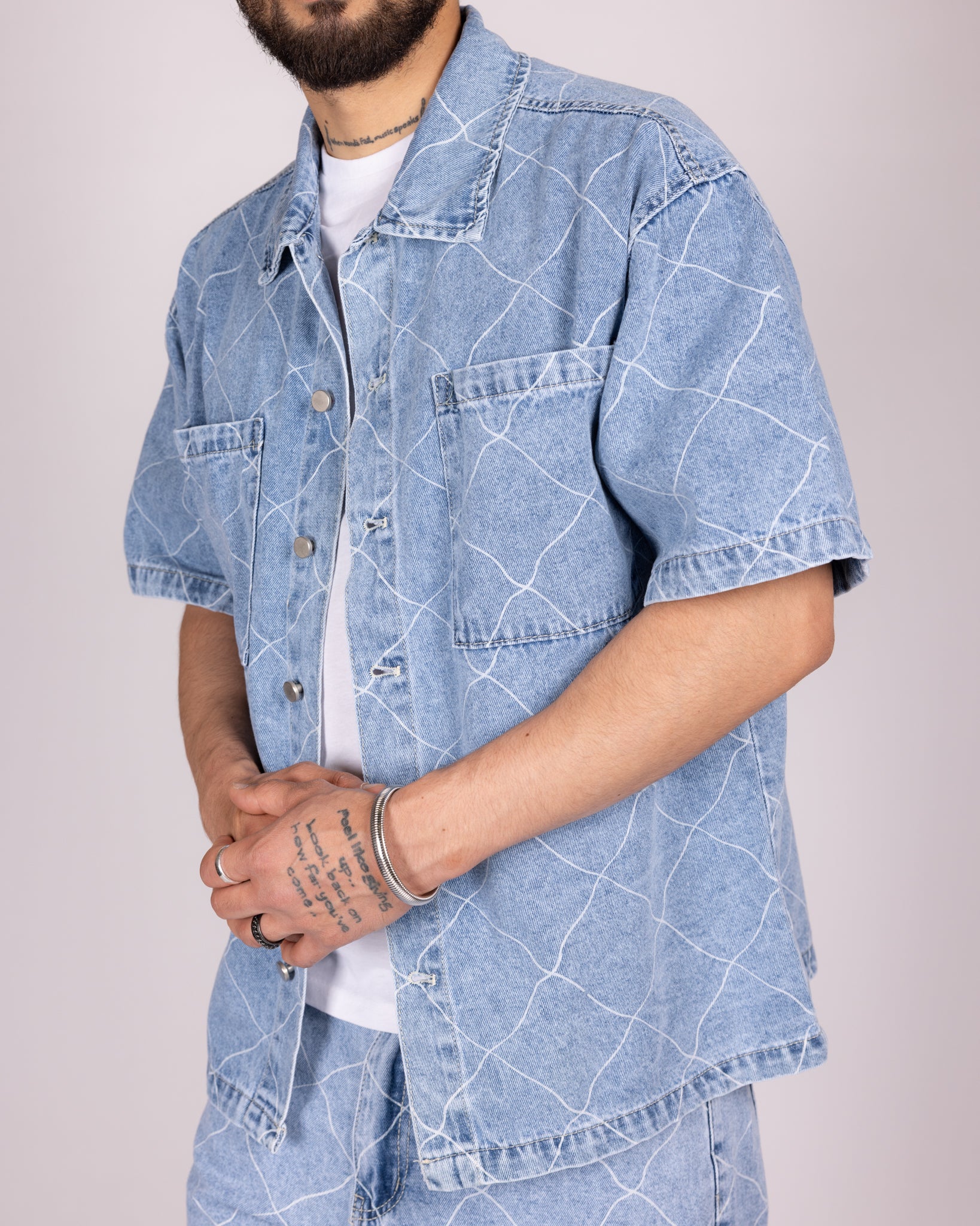 Wavy Stitch Detailing Denim Shirt and Shorts Set