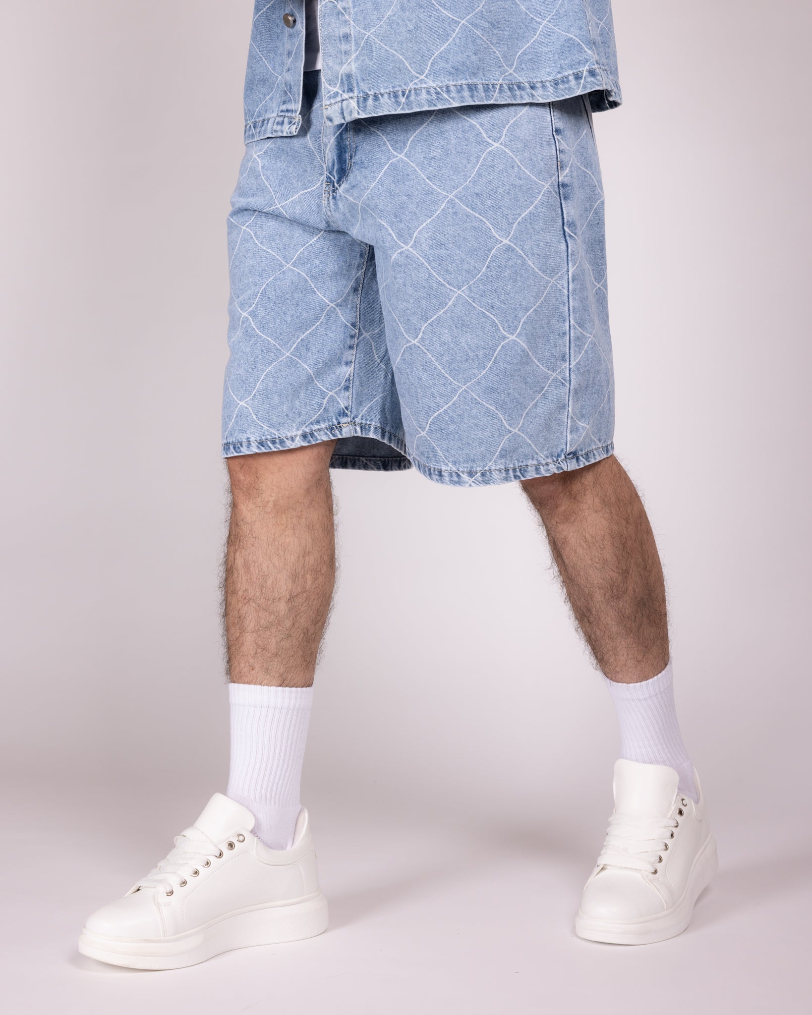 Wavy Stitch Detailing Denim Shirt and Shorts Set