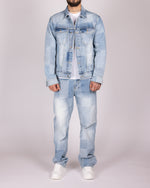 Patchwork Light Wash Denim Jacket and Jeans Set