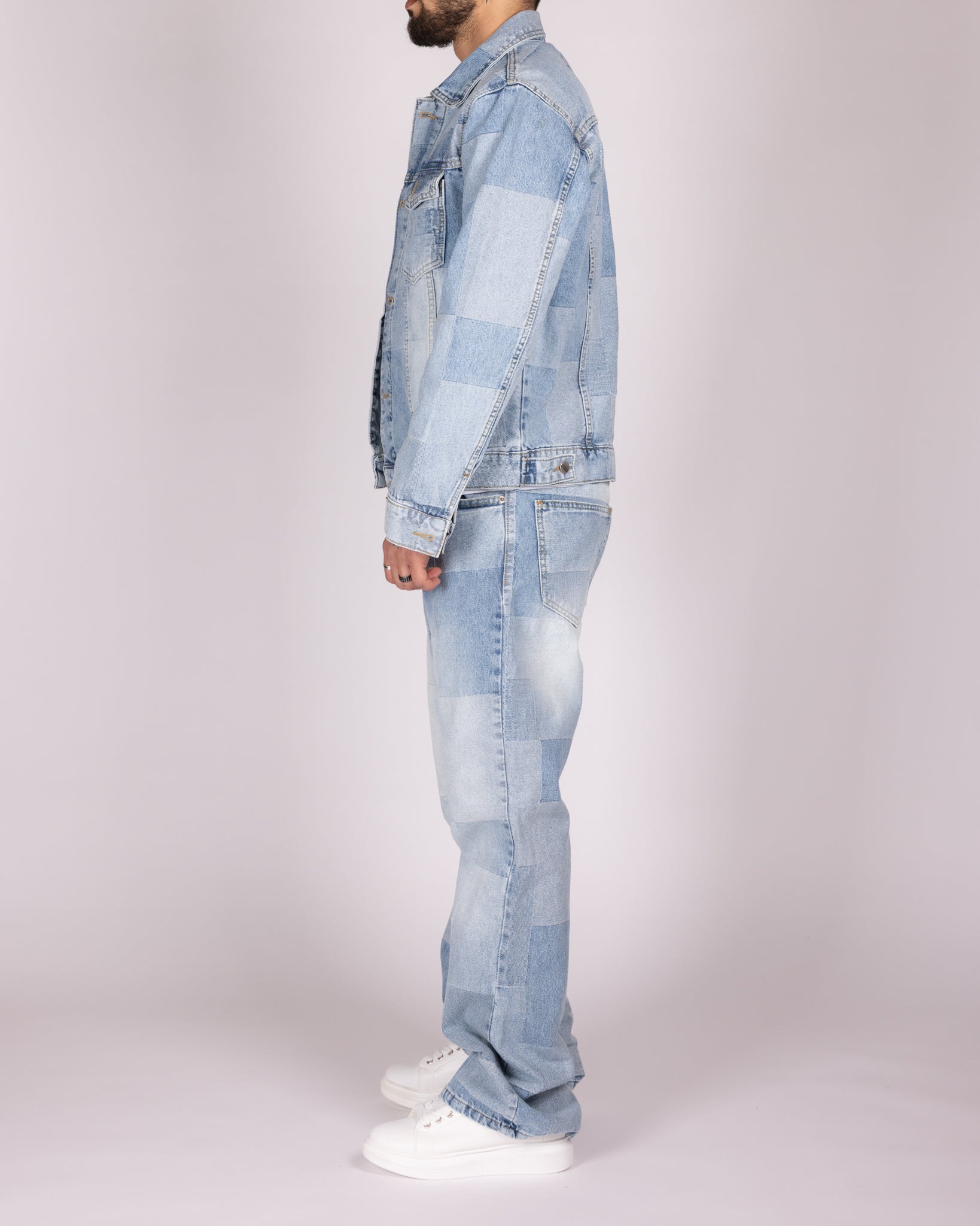 Patchwork Light Wash Denim Jacket and Jeans Set