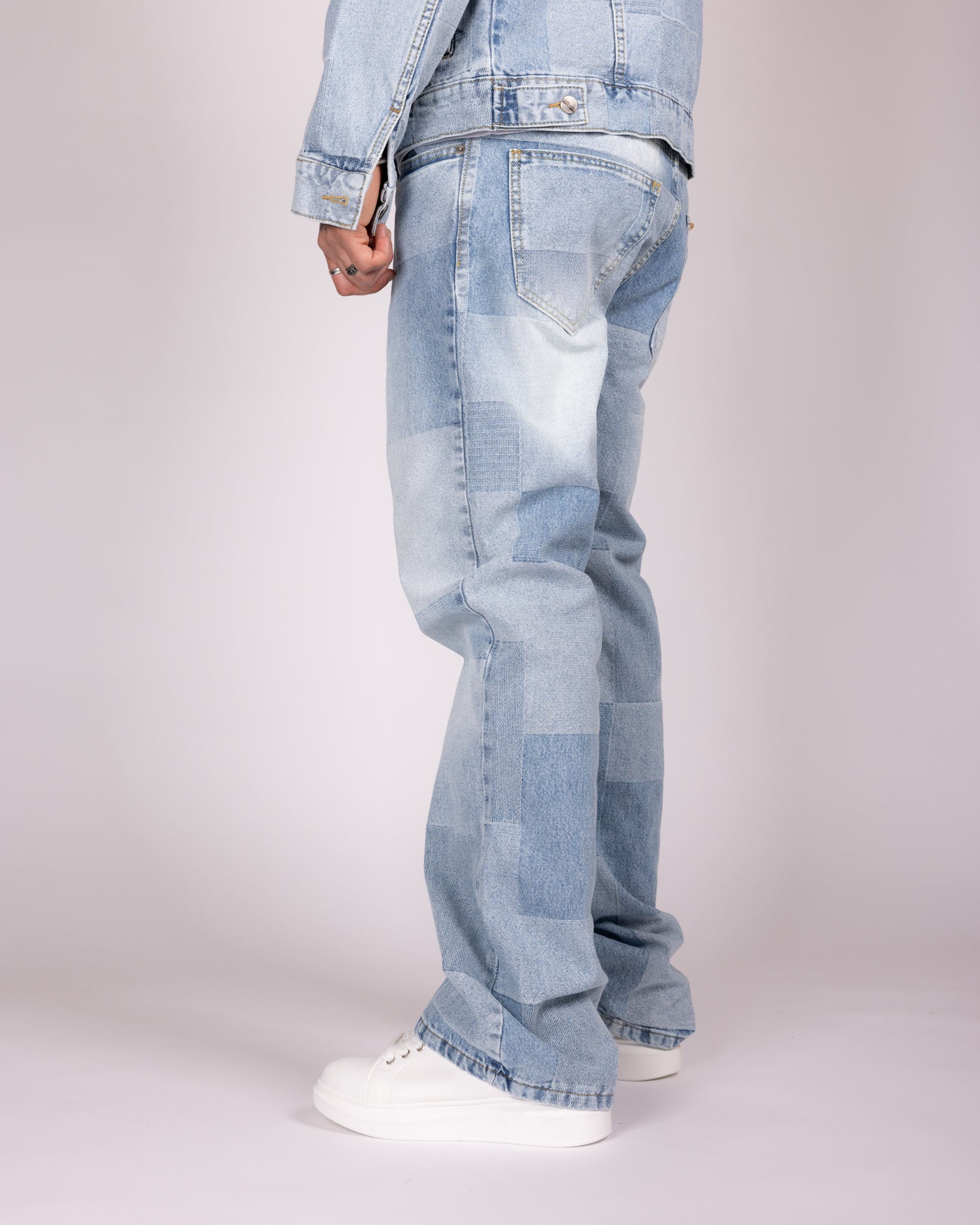Patchwork Light Wash Denim Jacket and Jeans Set