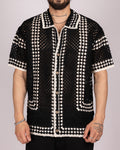 Open-Knit Crochet Shirt with White Geometric Pattern