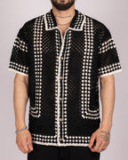 Open-Knit Crochet Shirt with White Geometric Pattern