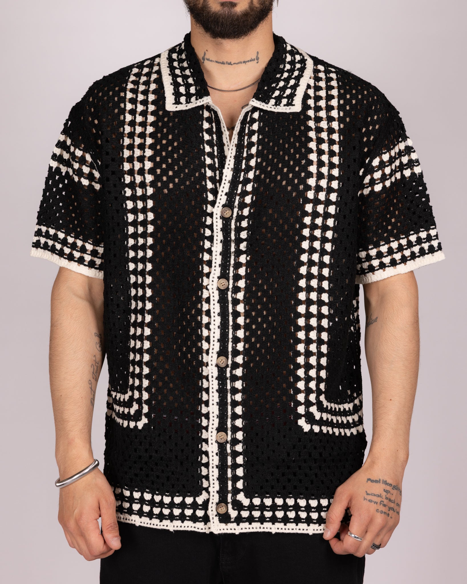 Open-Knit Crochet Shirt with White Geometric Pattern