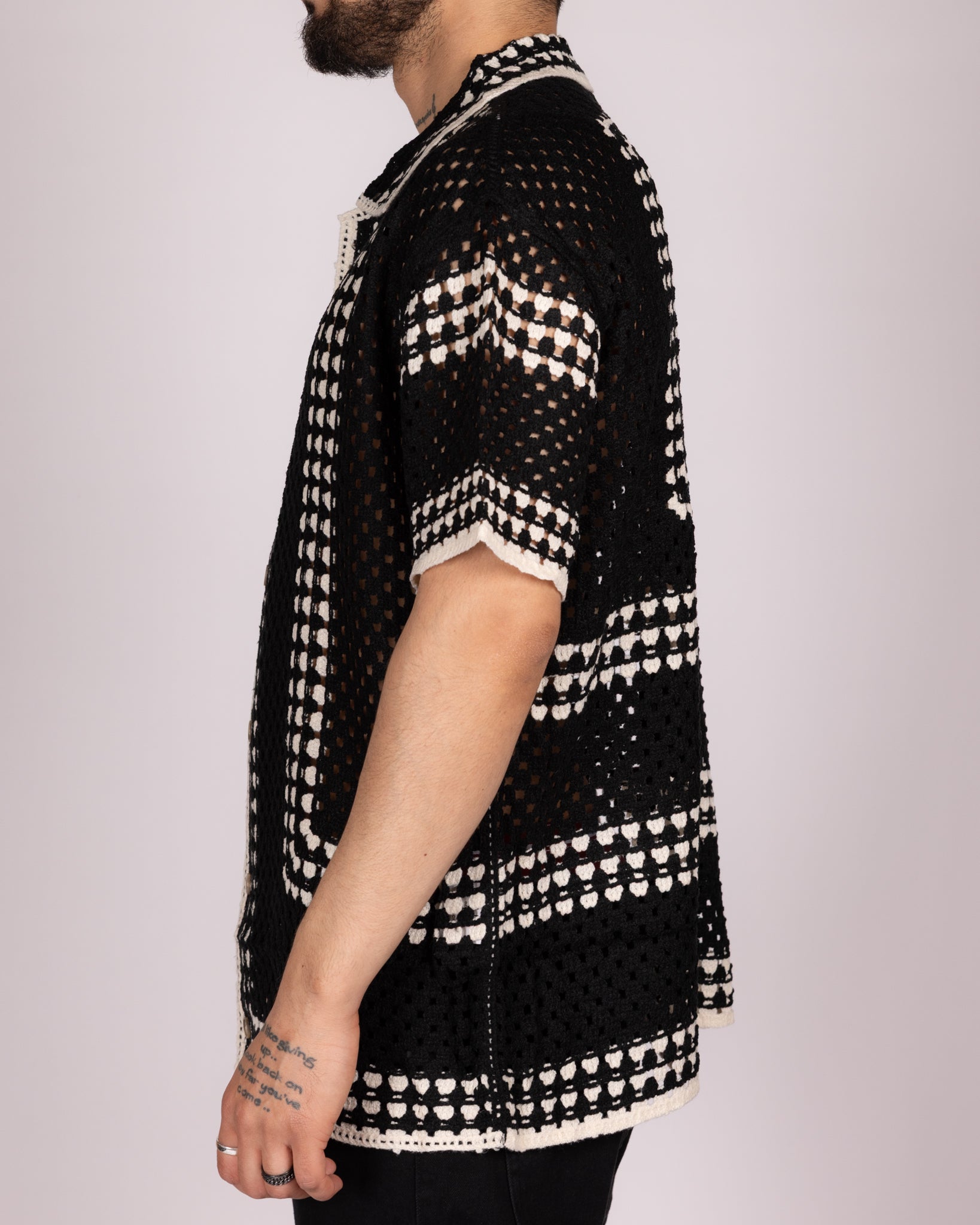 Open-Knit Crochet Shirt with White Geometric Pattern