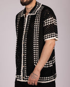 Open-Knit Crochet Shirt with White Geometric Pattern