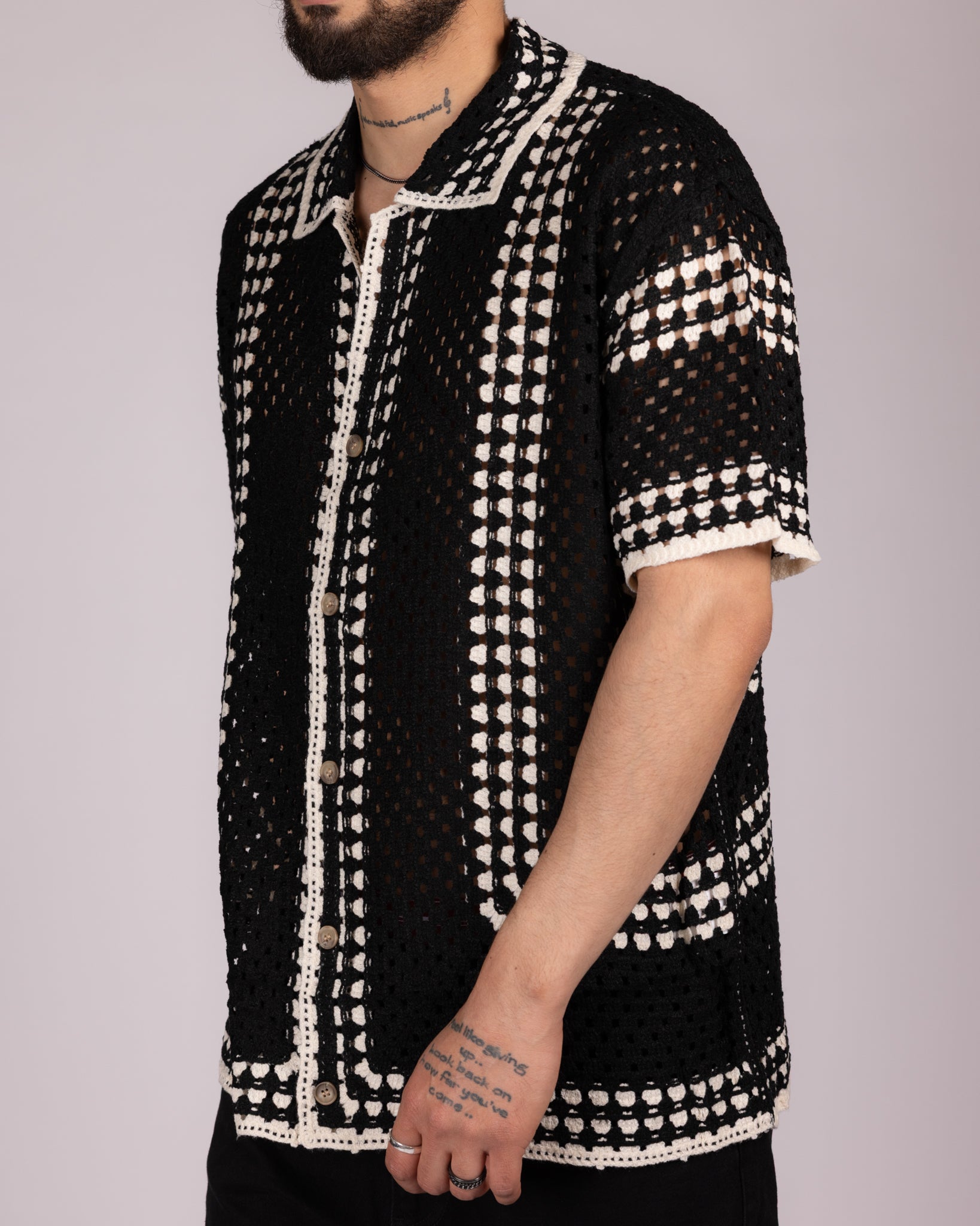 Open-Knit Crochet Shirt with White Geometric Pattern
