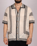 Open-Knit Crochet Shirt with White Geometric Pattern