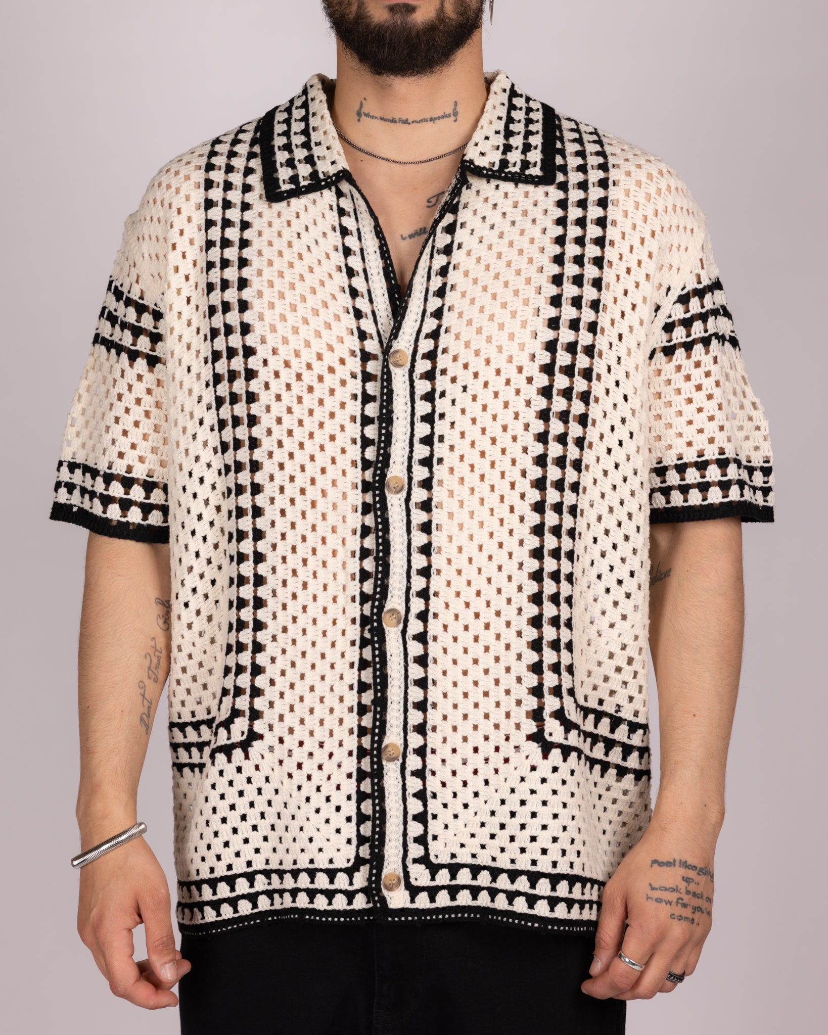 Open-Knit Crochet Shirt with White Geometric Pattern