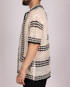 Open-Knit Crochet Shirt with White Geometric Pattern