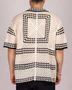 Open-Knit Crochet Shirt with White Geometric Pattern