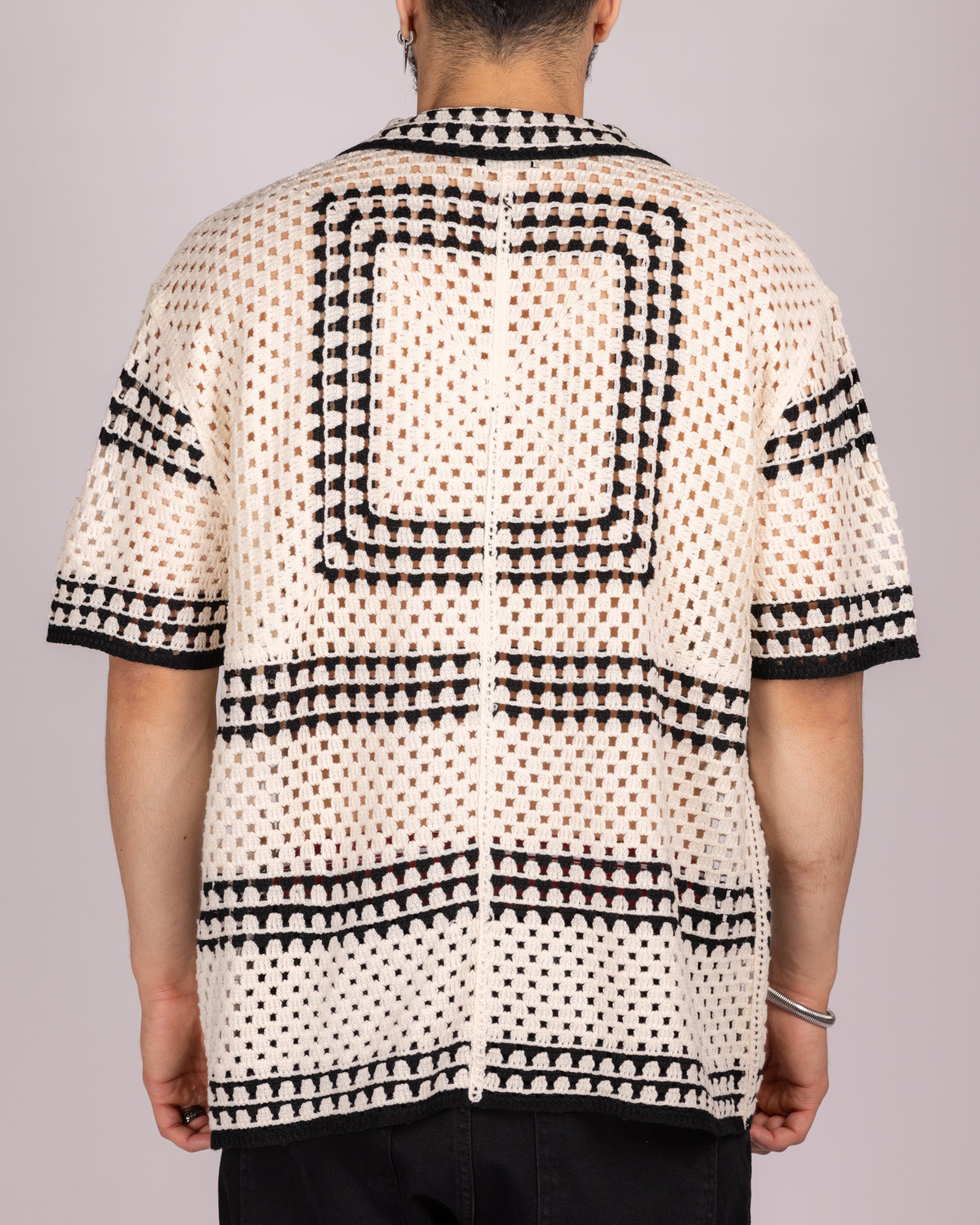 Open-Knit Crochet Shirt with White Geometric Pattern