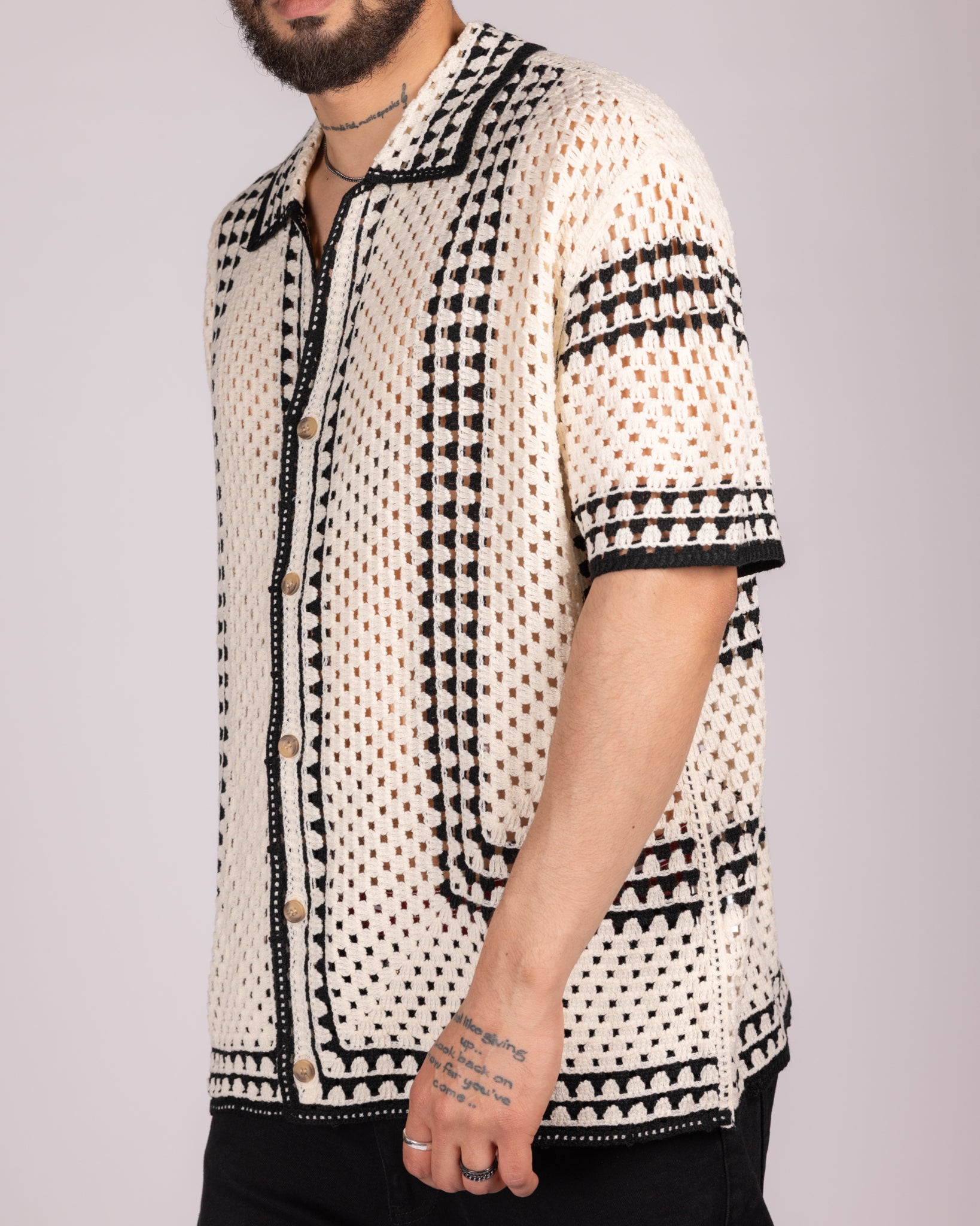 Open-Knit Crochet Shirt with White Geometric Pattern