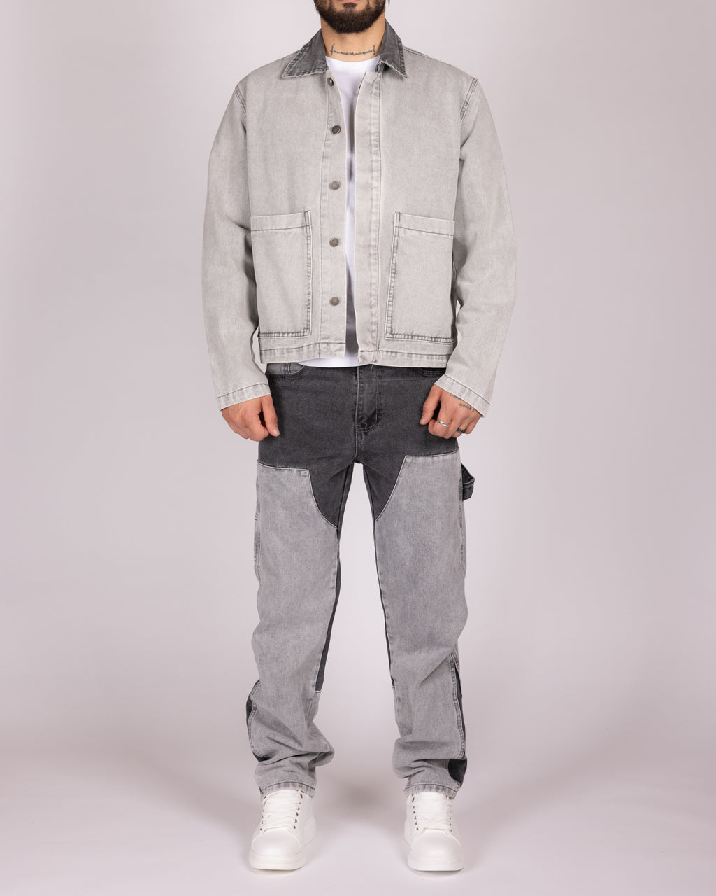 Grey Utility Jacket and Contrast Panel Jeans Denim Set