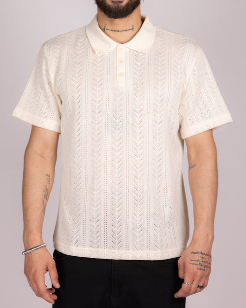 Open Knit Chevron Texture Polo Shirt