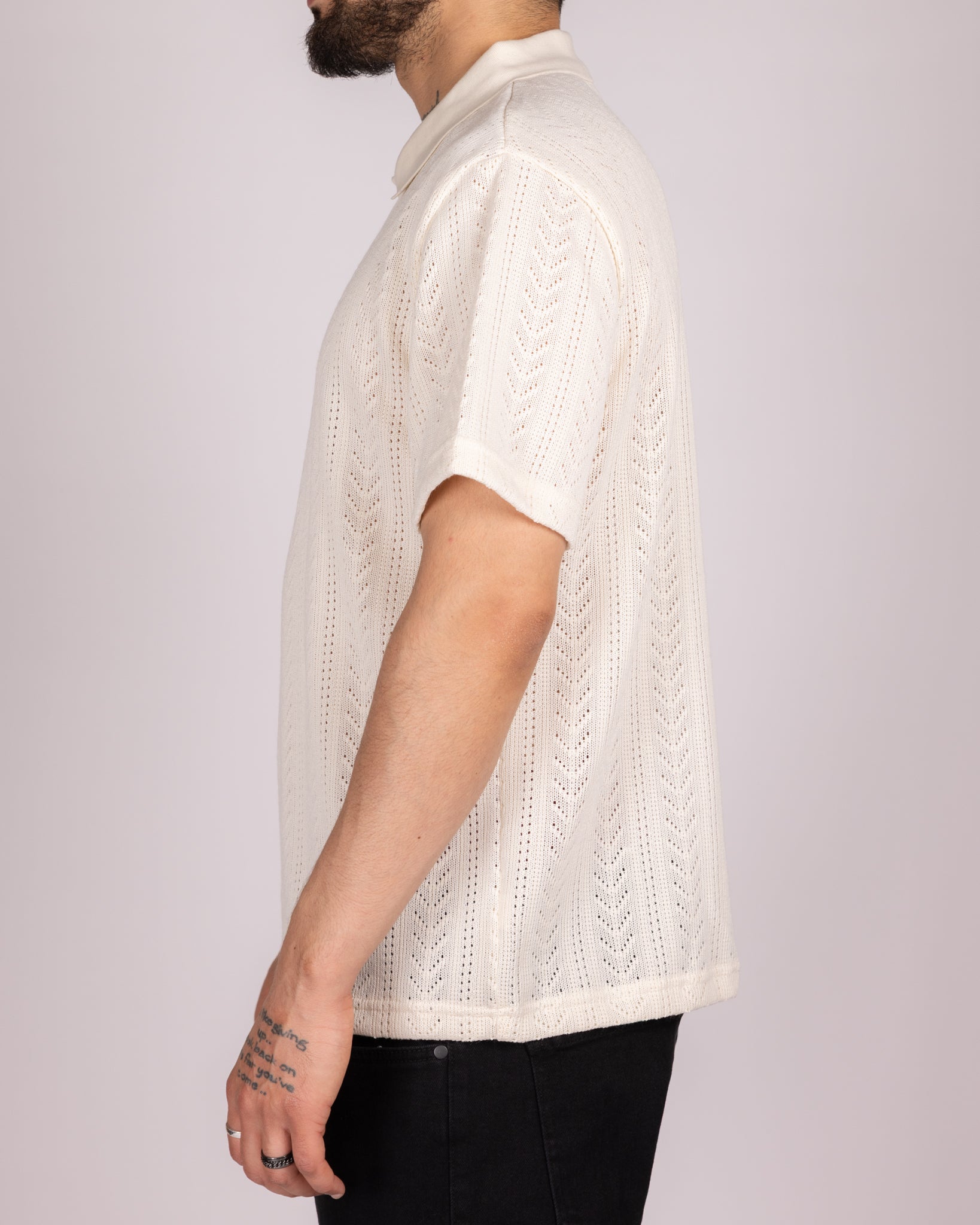 Open Knit Chevron Texture Polo Shirt