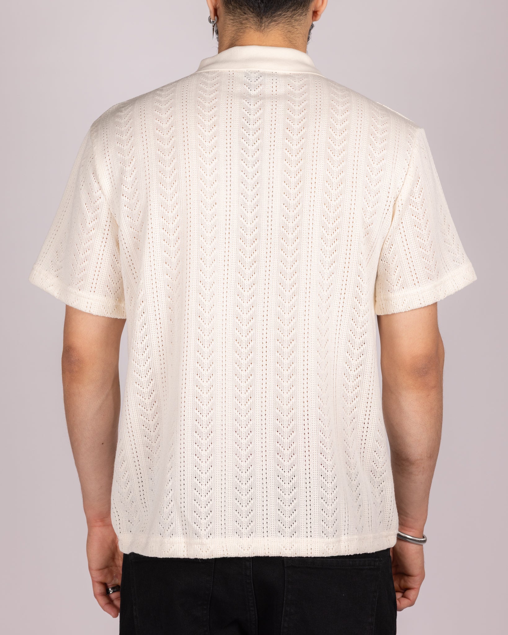 Open Knit Chevron Texture Polo Shirt