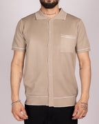 Knit Button-Up Shirt with Contrast Piping
