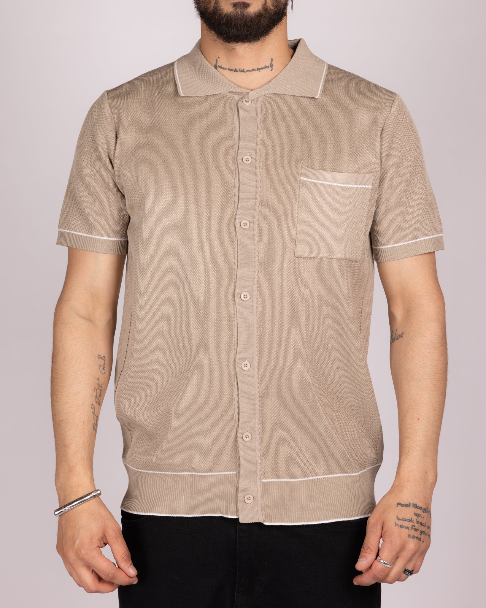 Knit Button-Up Shirt with Contrast Piping
