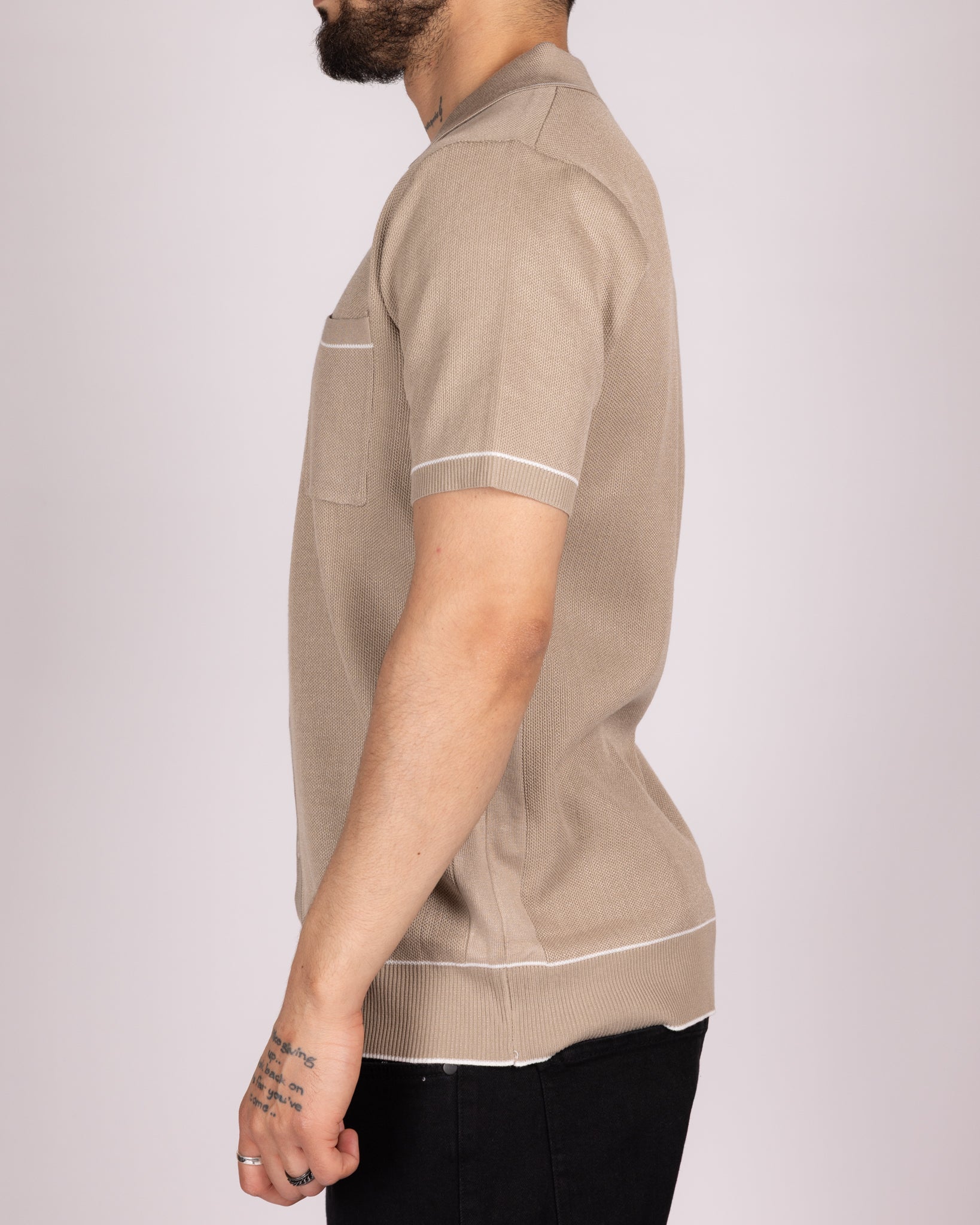 Knit Button-Up Shirt with Contrast Piping