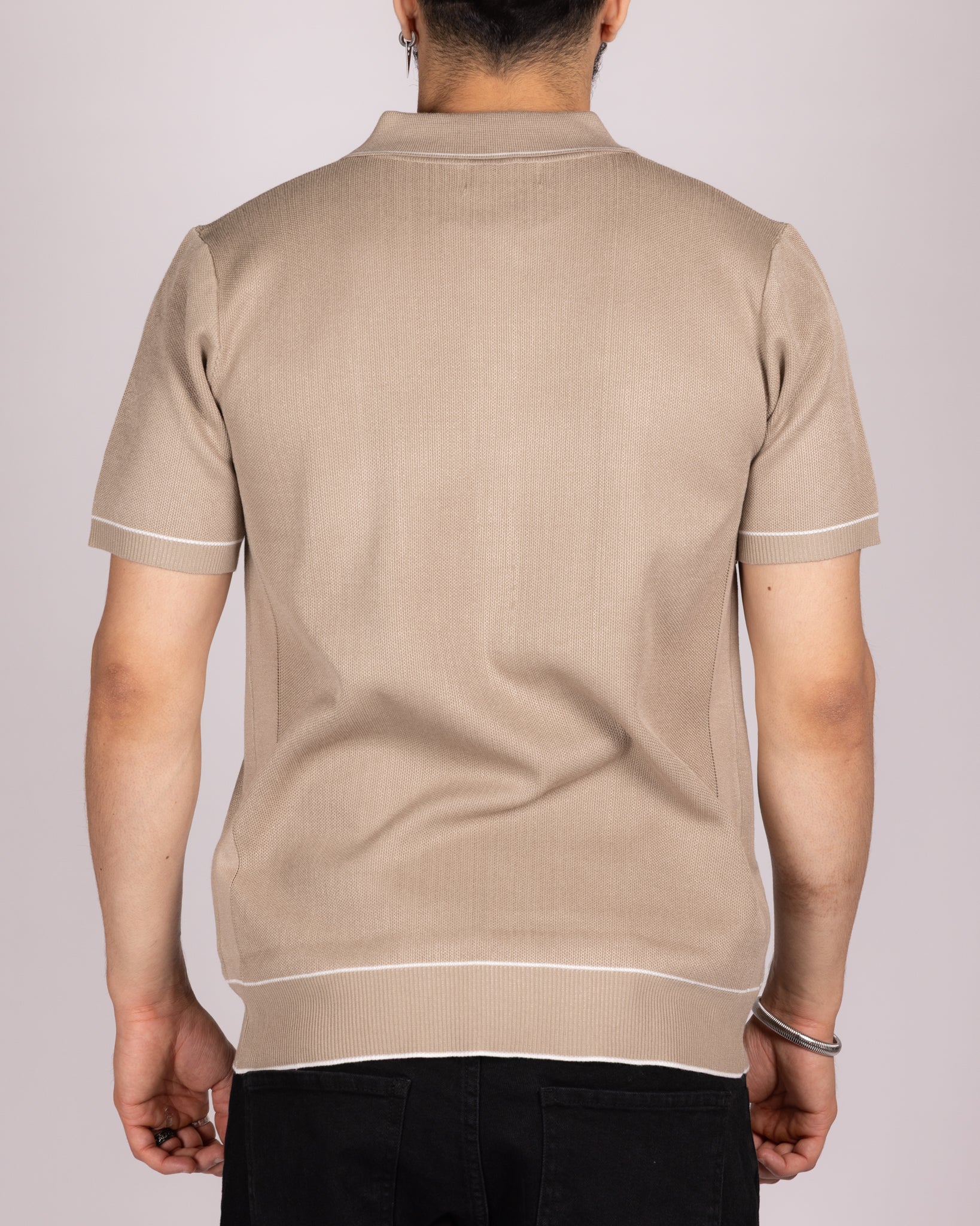 Knit Button-Up Shirt with Contrast Piping