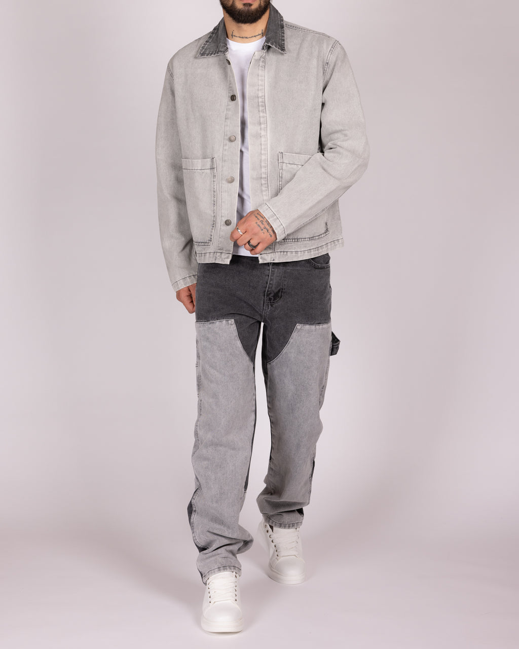 Grey Utility Jacket and Contrast Panel Jeans Denim Set