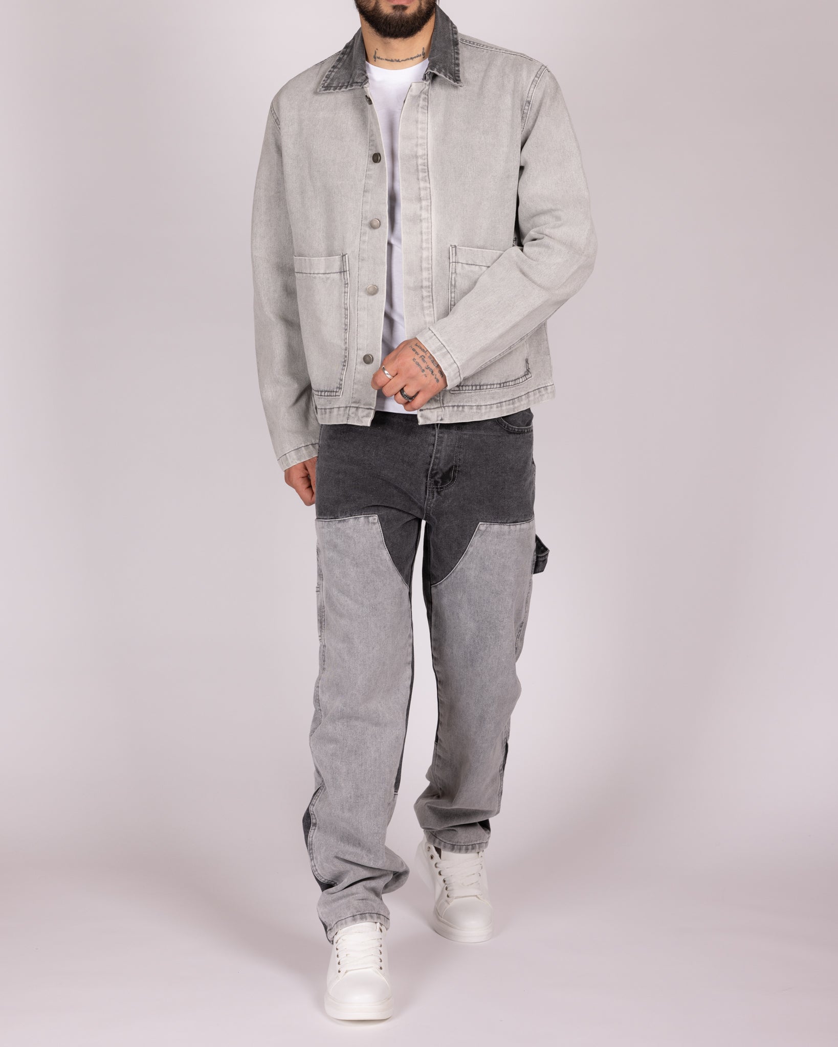 Grey Utility Jacket and Contrast Panel Jeans Denim Set