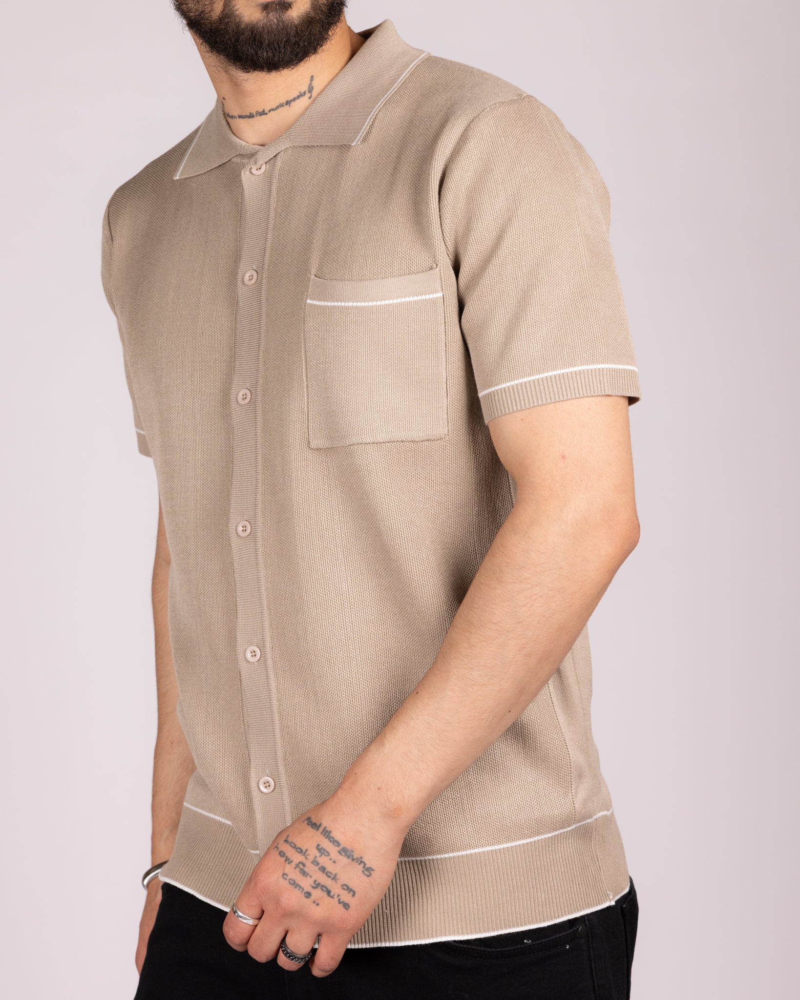 Knit Button-Up Shirt with Contrast Piping