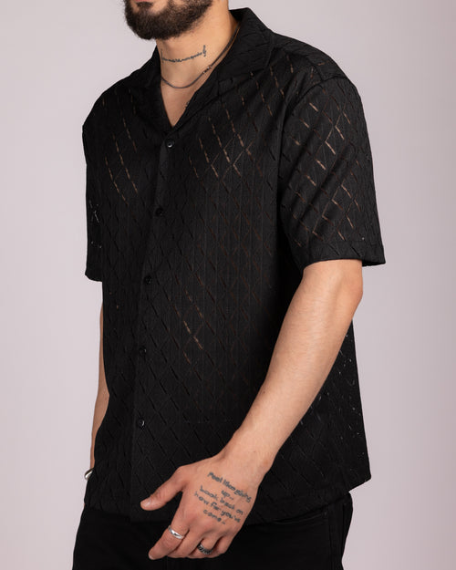 Textured Diamond-Pattern Short Sleeve Shirt