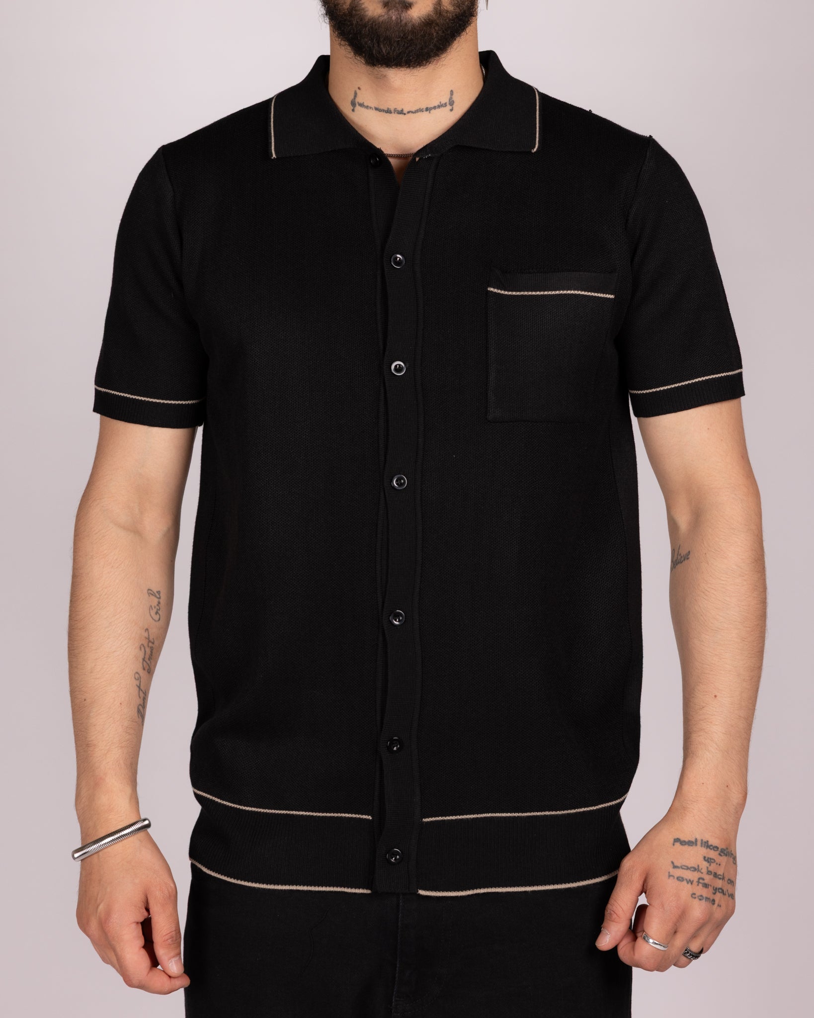 Knit Button-Up Shirt with Contrast Piping