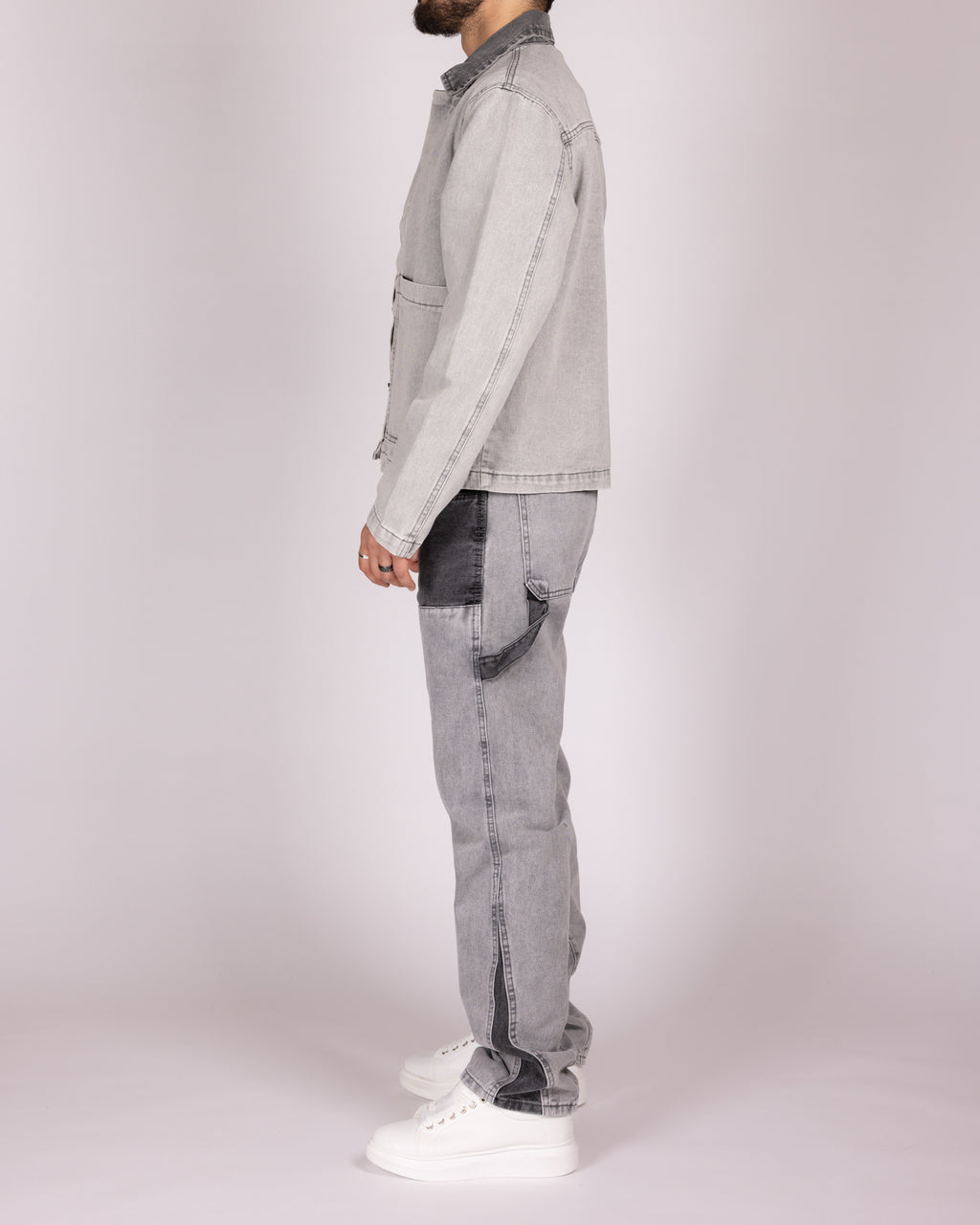 Grey Utility Jacket and Contrast Panel Jeans Denim Set