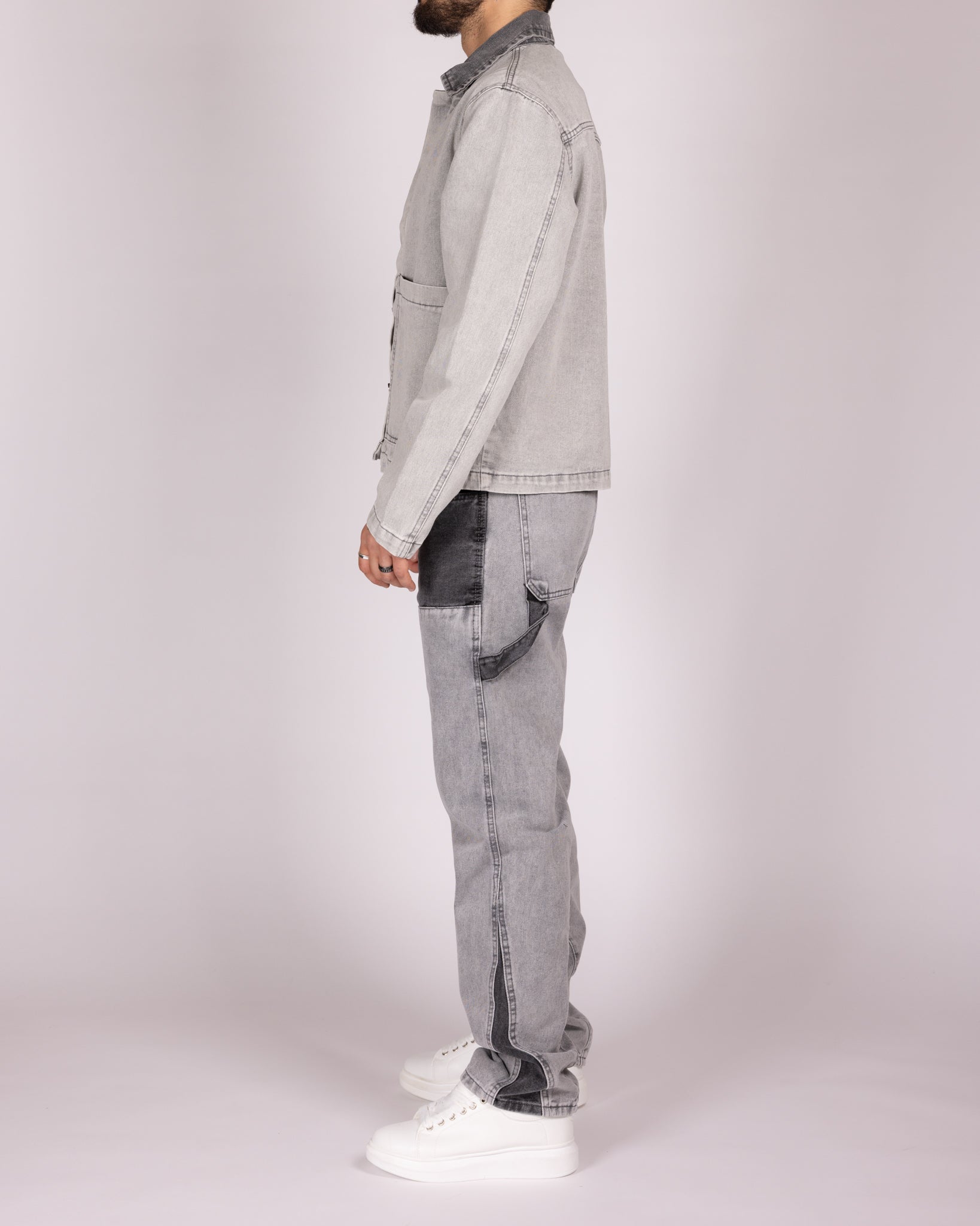 Grey Utility Jacket and Contrast Panel Jeans Denim Set