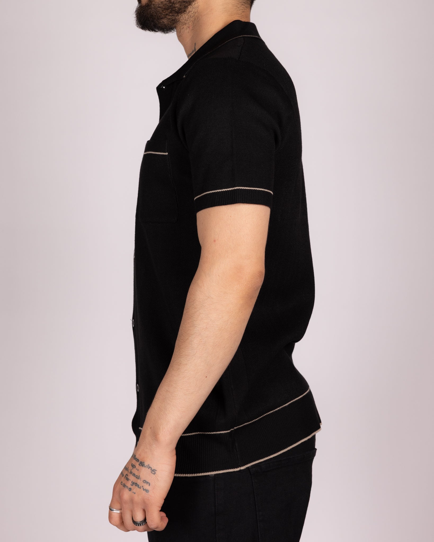 Knit Button-Up Shirt with Contrast Piping