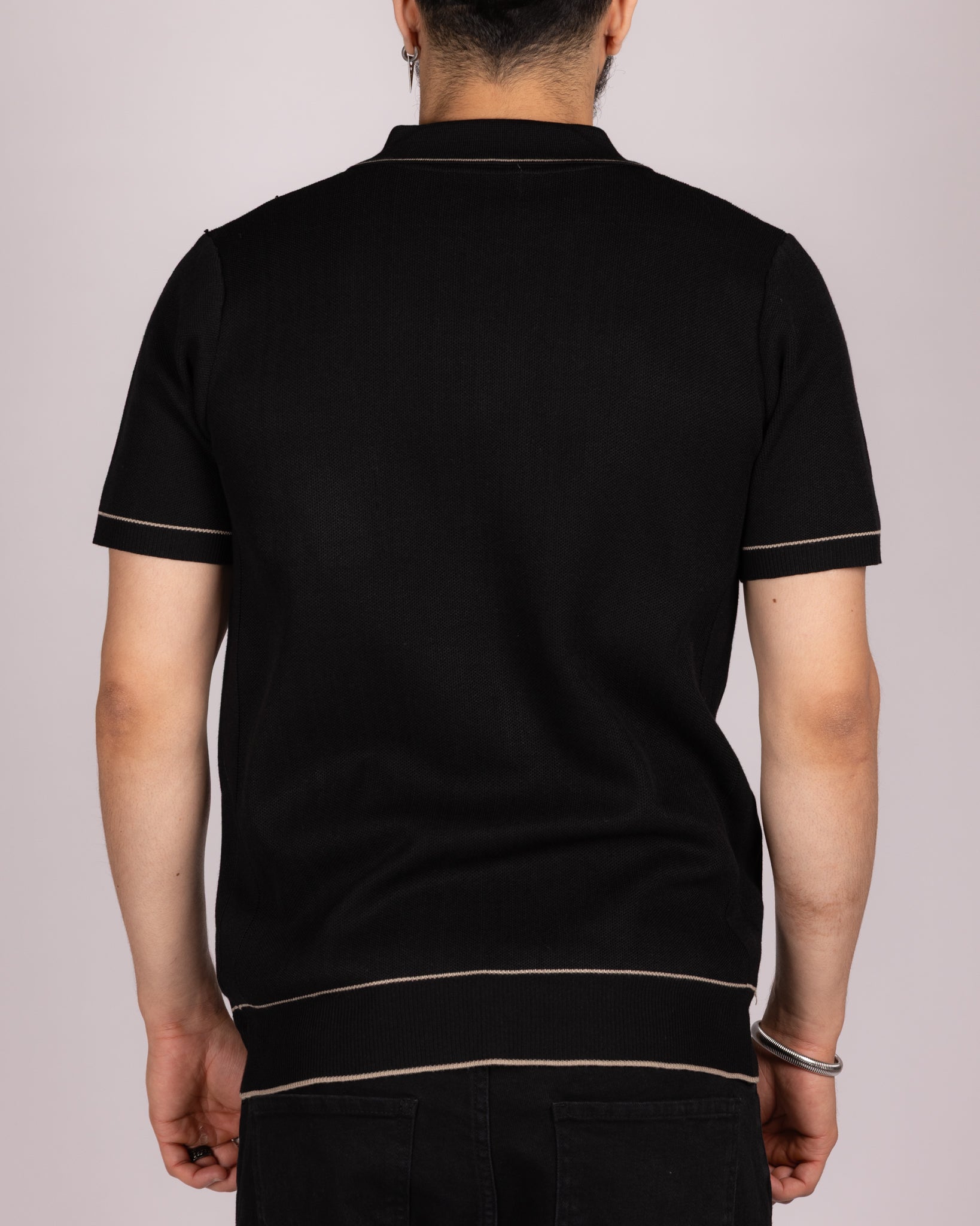 Knit Button-Up Shirt with Contrast Piping