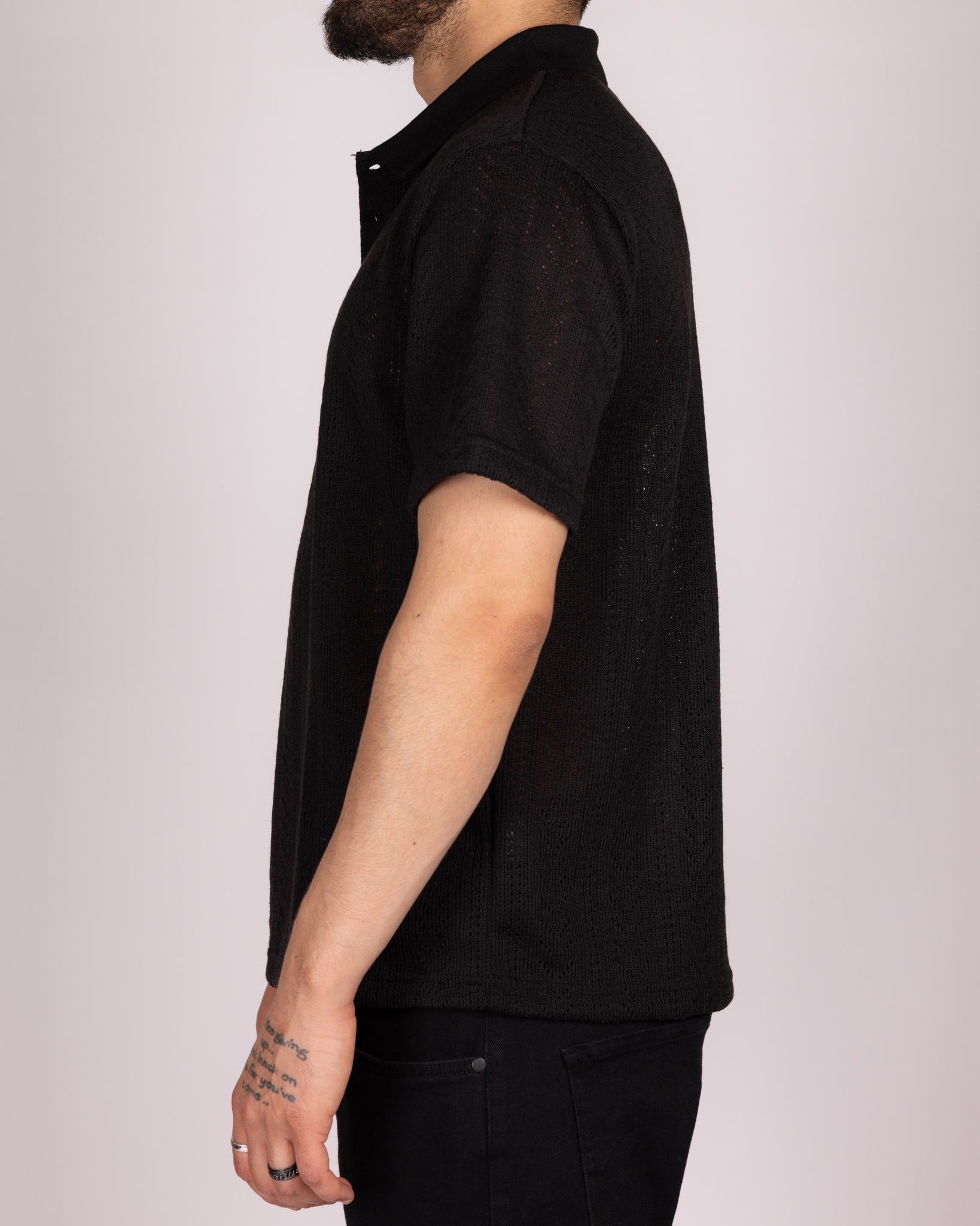 Open Knit Chevron Texture Polo Shirt