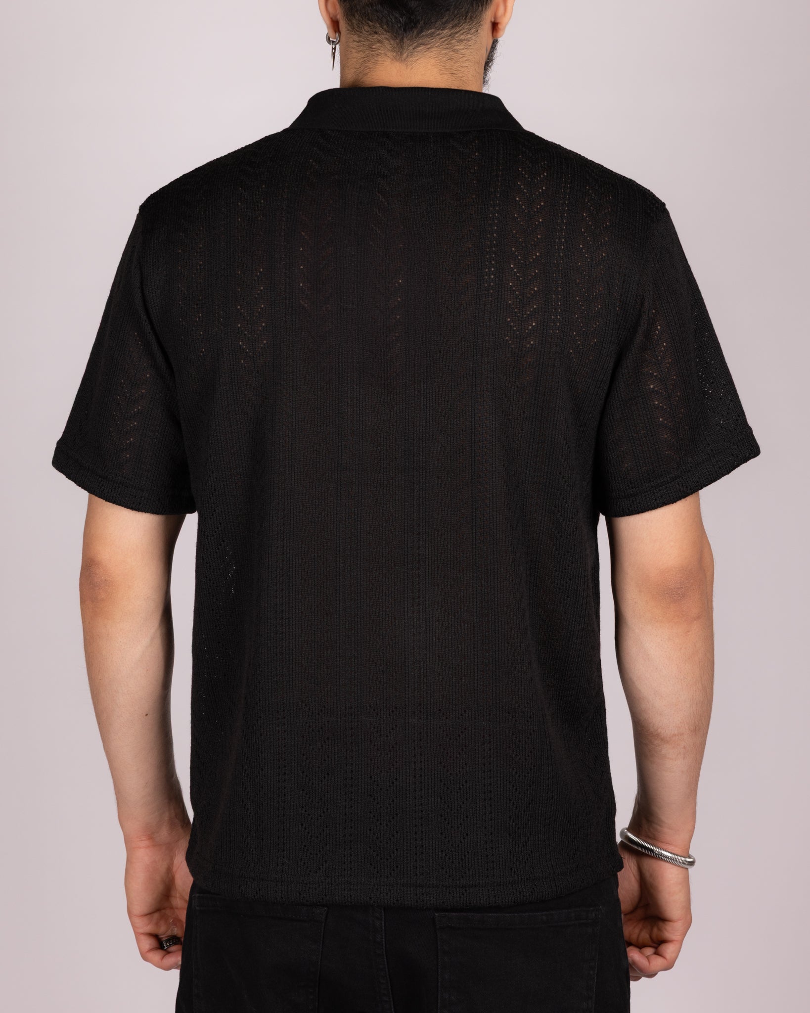 Open Knit Chevron Texture Polo Shirt