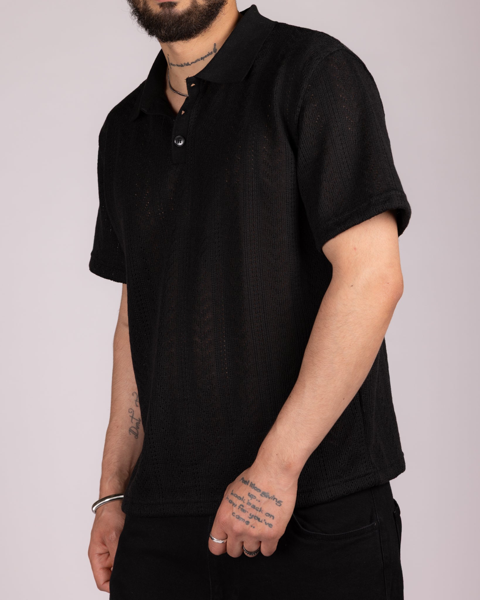 Open Knit Chevron Texture Polo Shirt